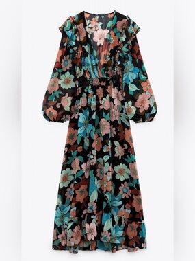 Zara Black Floral Maxi Dress with Teal & Coral Flowers long sleeve